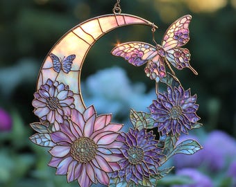 Moon & Flowers Butterfly Suncatcher, Crescent Moon Window Decor, Flower Suncatcher, Moon Suncatcher, Butterfly Ornament, Gift For Her
