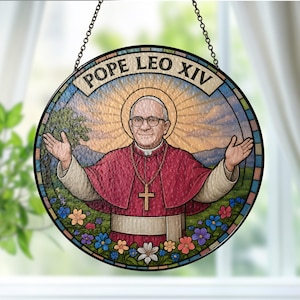 Pope Leo XIV American Pope Suncatcher, Catholic Stained Glass Window Hanging, Religious Gift for Christian Home or Church