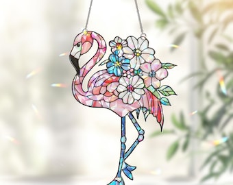 Pink Flamingo Acrylic Suncatcher Window Hanging, Stained Glass Look Bird Garden Ornament, Tropical Summer Gift For Mom Or Bird Lover