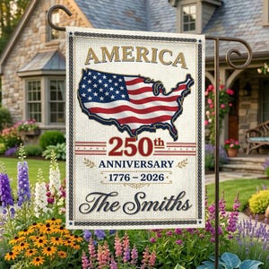 Spersonalizowana flaga ogrodowa z okazji 250. rocznicy nazwiska rodziny, dekoracja ogrodu z mapą USA (30,5 x 46,5 cm)