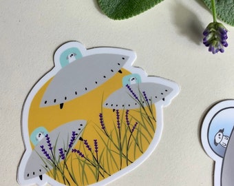 Cute aliens above lavender fields on a moonlit night sticker