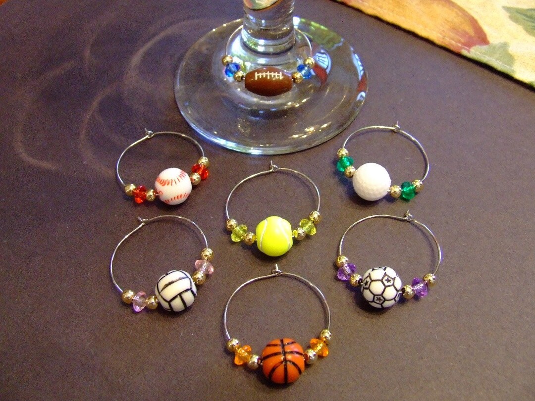 Set of 7 Beaded WINE Glass CHARMS Featuring SPORTS Theme Etsy