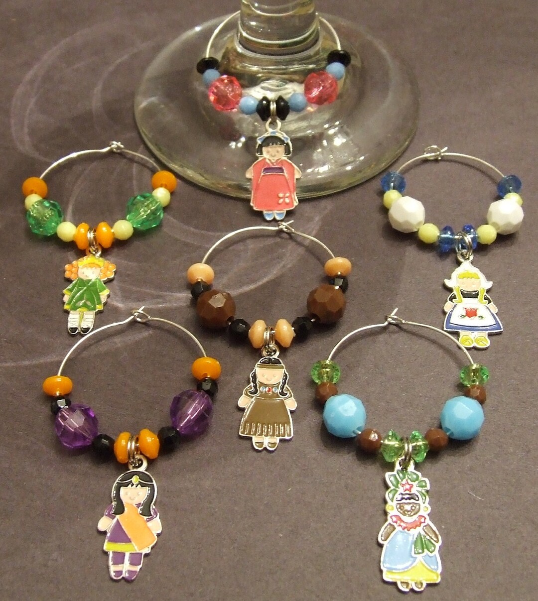 AROUND the WORLD WINE Charms Set of 6 Beaded Wine Glass Charms