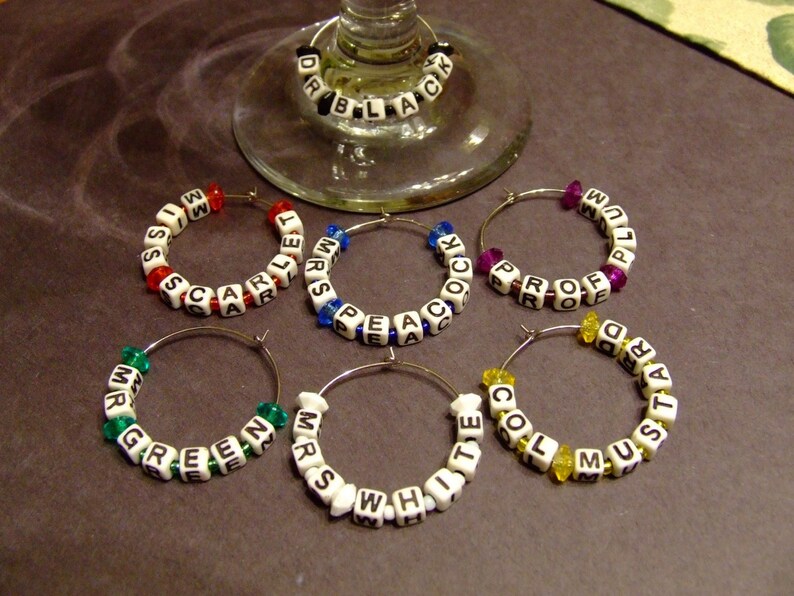 Set Of 7 Beaded Word WINE Glass Charms Featuring CLUE GAME Etsy