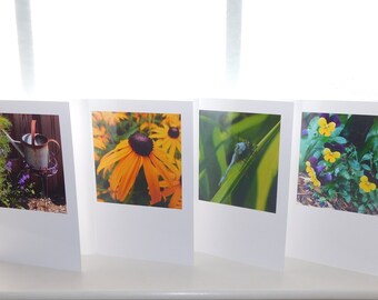 Note Cards Garden Collection set of 4 - Watering Can, Dragonfly, Johnny Jump-ups, Black-Eyed Susan - BLANK NOTE CARDS