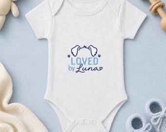 Gepersonaliseerde romper met hondenmotief, babyrompertje met hondenras op maat en bijpassende set voor huisdier en baby