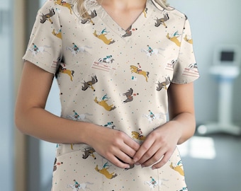 Scrubtop met V-hals en paardenprint, medisch uniformshirt voor paardrijden