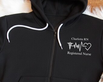 Embroidered Nurse Zipper Hoodie, Custom Registered Nurse Embroidery Zip Up Hoodie, Personalized RN Hoodie, RN Nurse Gift