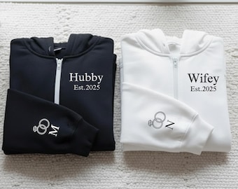 Geborduurde hoodies met rits voor man en vrouw, bijpassende hoodies met rits voor stellen, gepersonaliseerd huwelijksgeschenk, geborduurde hoodieset, hoodie met aangepaste naam