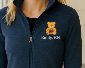 Personalized RN Pediatric Nurse Embroidered Fleece Jacket: Custom Name Bear Stethoscope Full Zip Workwear Professional Uniform Outerwear