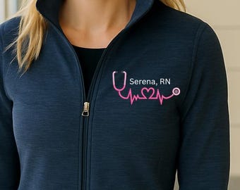 Personalized RN Nurse Embroidered Fleece Jacket: Custom Name Stethoscope Heartbeat Design Full Zip Workwear Professional Uniform Outerwear