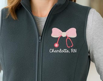 Custom Nurse Bow Stethoscope Embroidered Fleece Vest, Personalized RN Workwear Vest, Medical Uniform Outerwear, Nursing Staff Zip Jacket