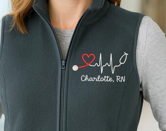 Custom Nurse Heartbeat Embroidered Fleece Vest, Personalized RN Stethoscope Workwear Vest, Medical Uniform Outerwear, Nursing Staff Jacket