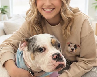 Custom Pet Portrait Sweatshirt, Personalized Dog Cat Photo Crewneck, Embroidered Pet Memorial Gift