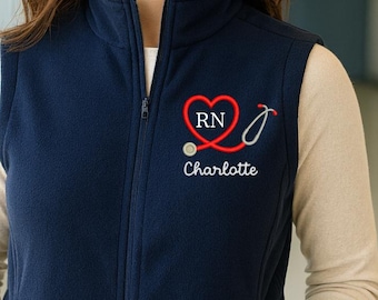 Custom RN Heart Stethoscope Embroidered Fleece Vest, Personalized Nurse Workwear Vest, Medical Uniform Outerwear, Nursing Staff Zip Jacket