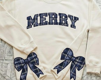 Merry Christmas Sweatshirt with Plaid Bows, Holiday Crewneck Sweater