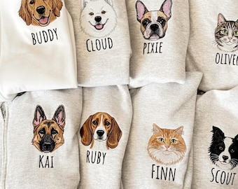 Custom Pet Portrait Embroidered Sweatshirt, Personalized Dog Cat Face Outline Crewneck, Pet Memorial Gift