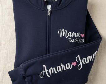 Sudadera con capucha y cremallera bordada "Mama Est", camiseta con cremallera para mamás primerizas, regalo para el Día de la Madre.
