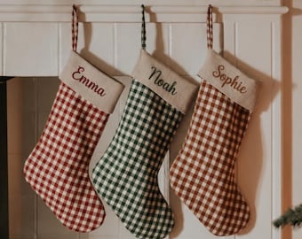 Personalised Gingham Christmas Stocking, Custom Embroidered Family Name Stockings