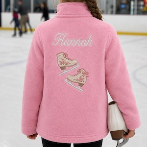 女の子向けのパーソナライズされたアイススケート用フリースジャケット、刺繍入りアイススケートチームスケーターギフト