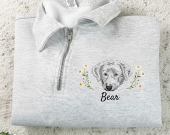 Personalized Dog Portrait Embroidered Quarter Zip Sweatshirt - Custom Pet Memorial Gift