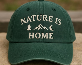 Nature Is Home Camping Hat – Embroidered Baseball Cap with Mountains Trees Moon Design, Outdoor Adventure Gift for Camp Lovers