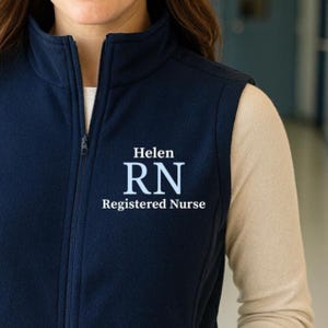 Pode incluir: Colete azul marinho com zíper com o nome "Helen", as iniciais "RN" e as palavras "Registered Nurse" em letras brancas. O colete tem gola alta e zíper total. O fundo está desfocado.