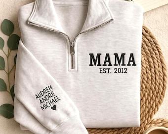 Op maat geborduurd Mama-sweatshirt met 1/4 rits | Gepersonaliseerde namen op de mouw