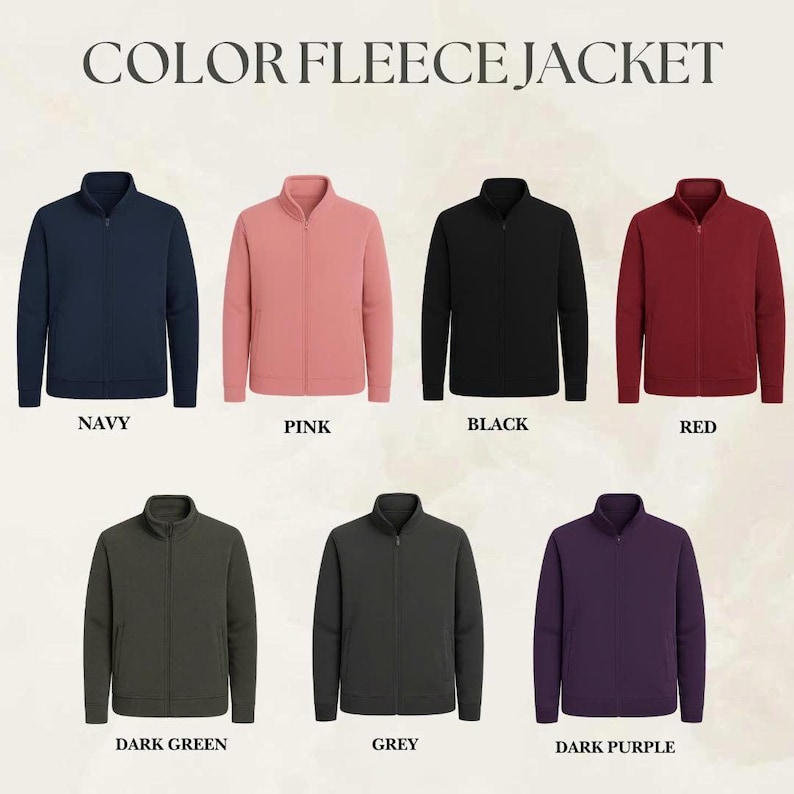 May include: A display of fleece jackets in various colors, including navy, pink, black, red, dark green, grey, and dark purple. Each jacket has a full zipper and a stand-up collar. The text "COLOR FLEECE JACKET" is at the top.