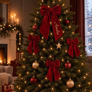 May include: A large, deep red velvet bow featuring the name Amelia embroidered in gold script, displayed on a green Christmas tree. The tree is decorated with additional smaller red velvet bows, gold and red spherical ornaments, and a gold star.