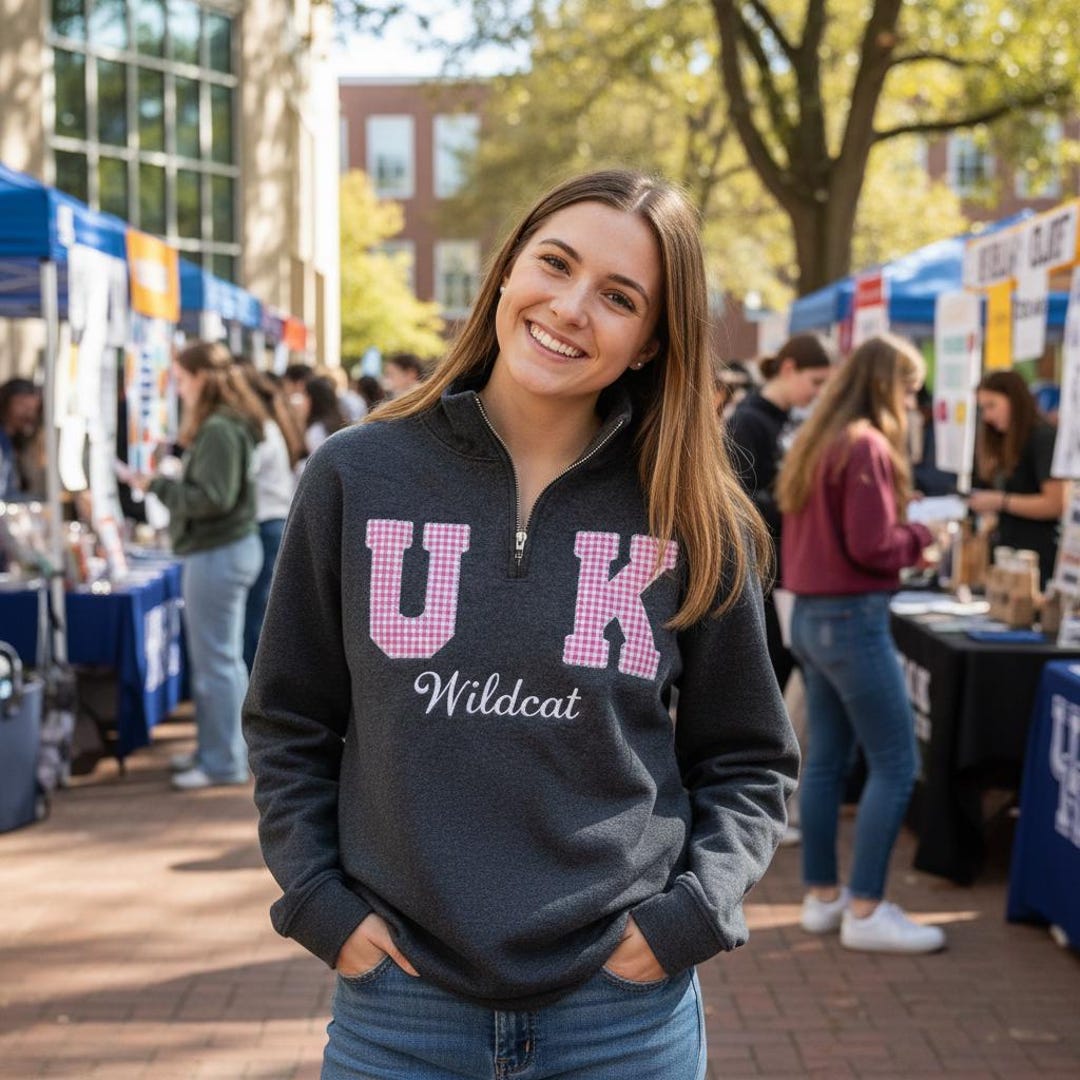 Embroidered University Gingham Applique Quarter Zip Sweatshirt, College ...