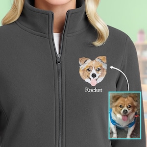 Può includere: Giacca in pile grigio antracite con cerniera intera e collo alto. La giacca presenta un'immagine ricamata del muso di un cane con il nome "Rocket" sotto. Una piccola foto del cane si trova nell'angolo in basso a destra.