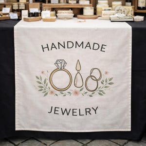 Op de afbeelding: Crèmekleurige tafelloper met de woorden "HANDMADE JEWELRY" in het zwart. Het ontwerp toont een diamanten ring, een druppelvormige oorbel en twee in elkaar grijpende ringen, omgeven door bloemaccenten.