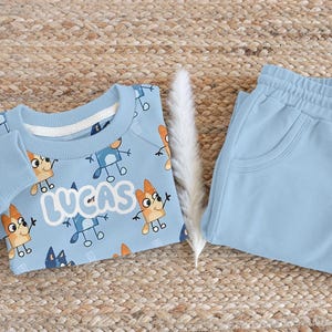 Custom Name Blue and Friends Kids Sweatsuit, Cute Blue Dog Boys Pajama Outfit, Custom Cartoon Sweatshirt and Sweatpants For Kids Baby Shower
