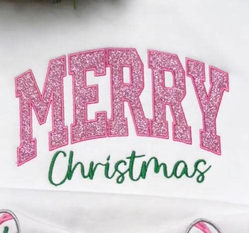 Merry Christmas Pink Embroidered Side Bow Glitter Sweatshirt, Candy Cane Side Bow Sweater, Side Bow Applique Sweatshirt, Trendy Coquette Bow