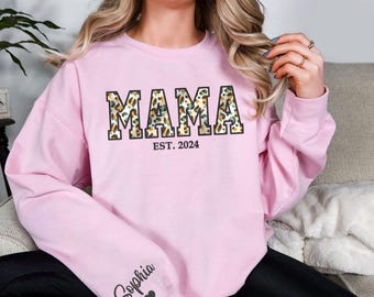 Personalized Mama Sweatshirt, Leopard Print Mom Est. 2024, Custom Name Sleeve, New Mom Gift