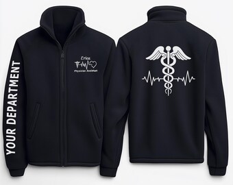 May include: Black fleece jacket with a white zipper and a white graphic on the left side that says "Erica Physician Assistant" with a heart and a medical symbol. The right side of the jacket has a white graphic of a medical symbol with wings and a heartbeat. The left sleeve has the text "YOUR DEPARTMENT" printed vertically.