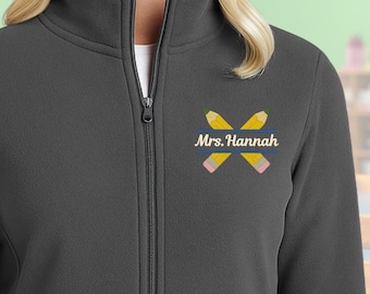 Custom Embroidered Pencil Teacher Fleece Jacket, Personalized Name Cozy Winter Jacket for Teachers, Christmas Teacher Appreciation Gift