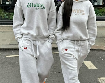 Hubby Wifey Matching Hoodie Sweatpants Set, Couples Anniversary Gift, His and Hers Sweat Suits