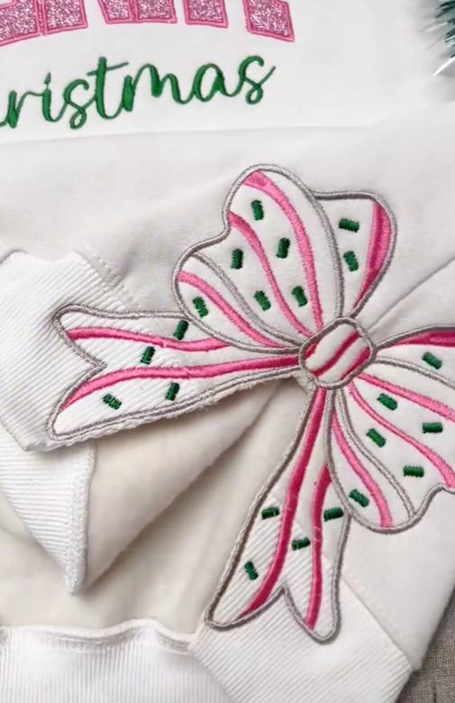 Merry Christmas Pink Embroidered Side Bow Glitter Sweatshirt, Candy Cane Side Bow Sweater, Side Bow Applique Sweatshirt, Trendy Coquette Bow