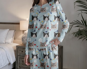 Pigiama a forma di gatto, pigiama da donna con stampa originale, pigiama per amanti dei gatti