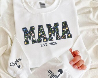 Personalisiertes Mama Sweatshirt mit Blumenbuchstaben, benutzerdefinierter Name auf der Hülle, neue Mutter Geschenk