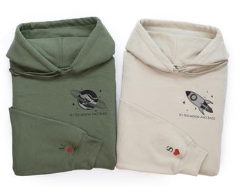 Matching Couple Hoodies - Embroidered Initials - To The Moon and Back - Anniversary Gift