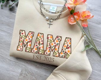 Gepersonaliseerde Mama Est 2025 geborduurde sweater, geborduurd Moederdagcadeau - Bloemen Mama sweater voor nieuwe moeders, Gigi, oma, mama, Nana