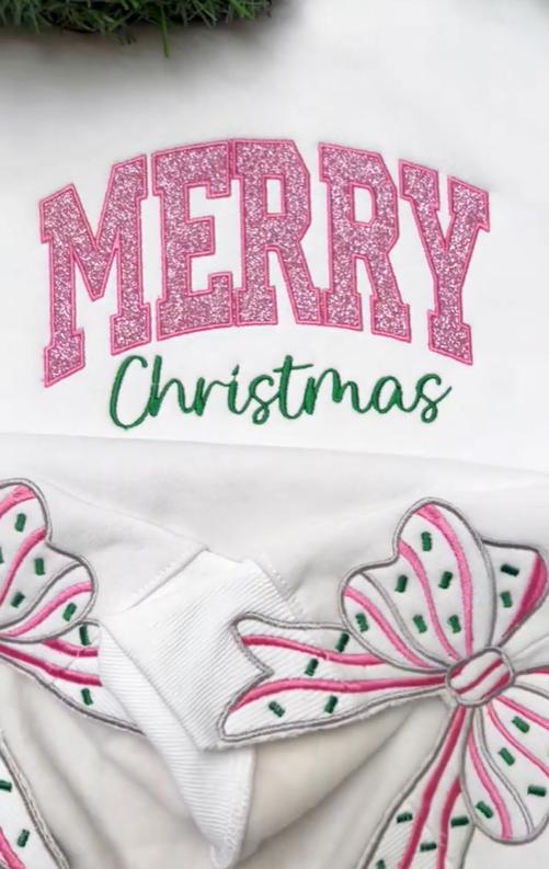 Merry Christmas Pink Embroidered Side Bow Glitter Sweatshirt, Candy Cane Side Bow Sweater, Side Bow Applique Sweatshirt, Trendy Coquette Bow