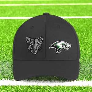 May include: Black baseball cap featuring two distinct logos. One side displays a gray cougar head, while the other showcases a green and white cougar emblem. The cap is set against a green field with white lines.