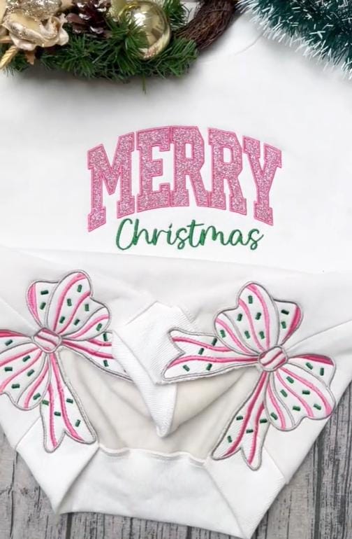 Merry Christmas Pink Embroidered Side Bow Glitter Sweatshirt, Candy Cane Side Bow Sweater, Side Bow Applique Sweatshirt, Trendy Coquette Bow