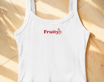 Fruity Cherry Embroidered Micro Rib Spaghetti Strap Tank Top, Y2K Tank Top, Trending 90s Shirt, Crop Tank Top, LGBTQ Queer Pride Parade