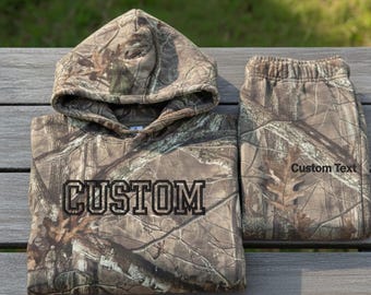 Embroidered Custom Text Camo Hoodie Sweatshirt Set