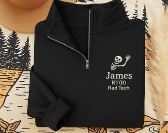Moletom personalizado com zíper 1/4 para técnico de radiologia, blusa de moletom com esqueleto bordado RT(R), presente para técnico de radiologia, jaqueta de uniforme personalizada para técnico de raio-X